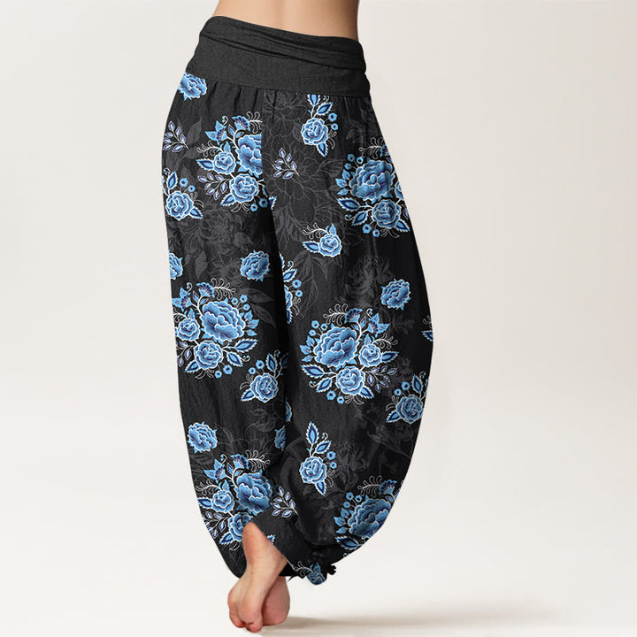 Buddha Stones Pure Cotton Blue Flower Pattern Women's Elastic Waist Harem Pants - image 1