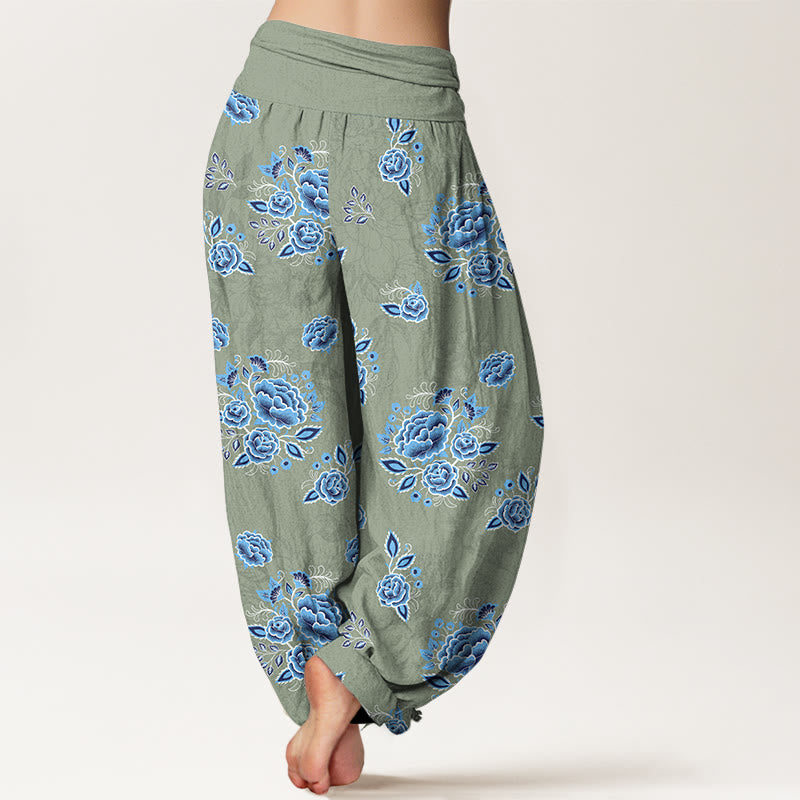 Buddha Stones Pure Cotton Blue Flower Pattern Women's Elastic Waist Harem Pants - image 6