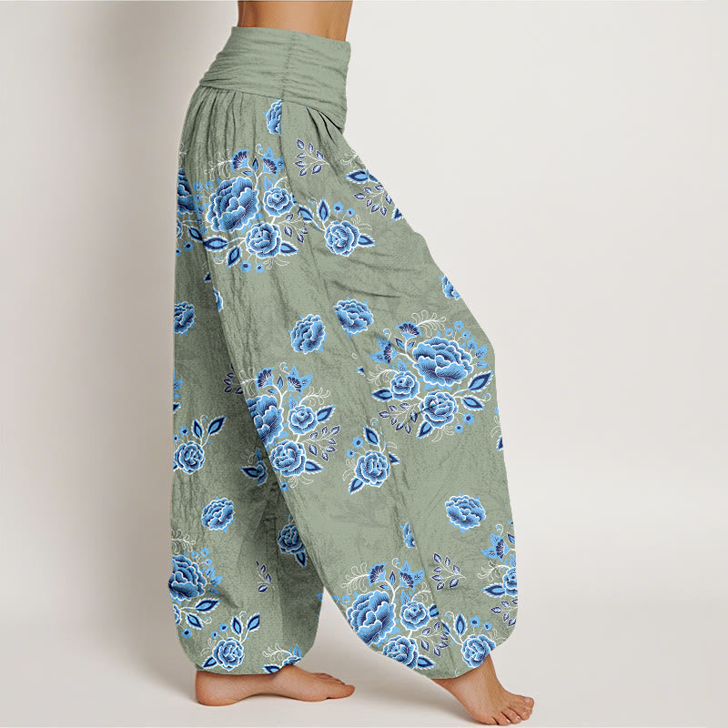 Buddha Stones Pure Cotton Blue Flower Pattern Women's Elastic Waist Harem Pants - image 7