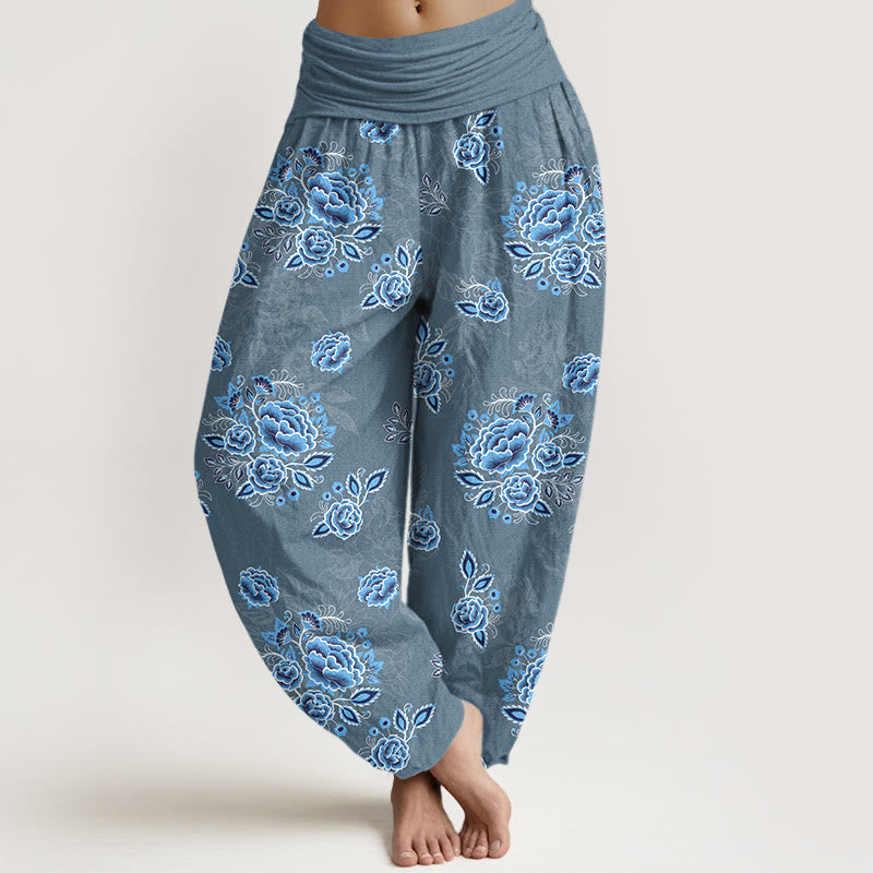 Buddha Stones Pure Cotton Blue Flower Pattern Women's Elastic Waist Harem Pants - SteelBlue - US16，UK/AU20，EU48 (3XL) - image 8