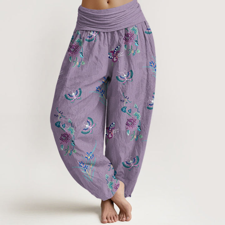 Buddha Stones Pure Cotton Fresh Elegant Butterfly Grass Flower Pattern Women's Elastic Waist Harem Pants - MediumPurple - US16，UK/AU20，EU48 (3XL) - image 8