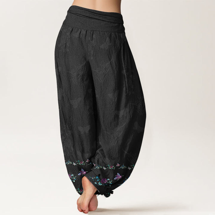 Buddha Stones Pure Cotton Trouser Legs Neatly Arranged Butterfly Grass Flower Pattern Women's Elastic Waist Harem Pants - image 1