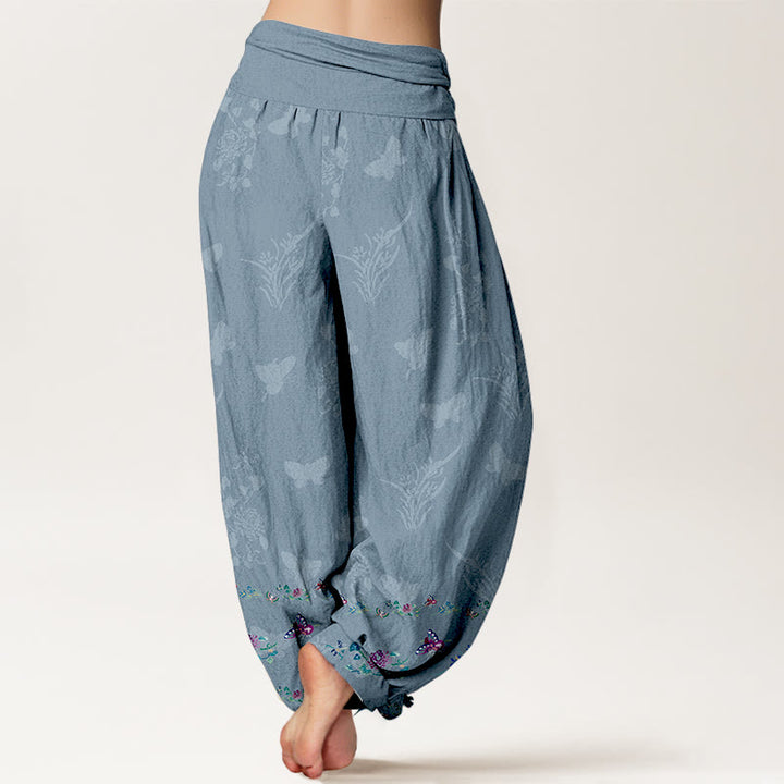 Buddha Stones Pure Cotton Trouser Legs Neatly Arranged Butterfly Grass Flower Pattern Women's Elastic Waist Harem Pants - image 6