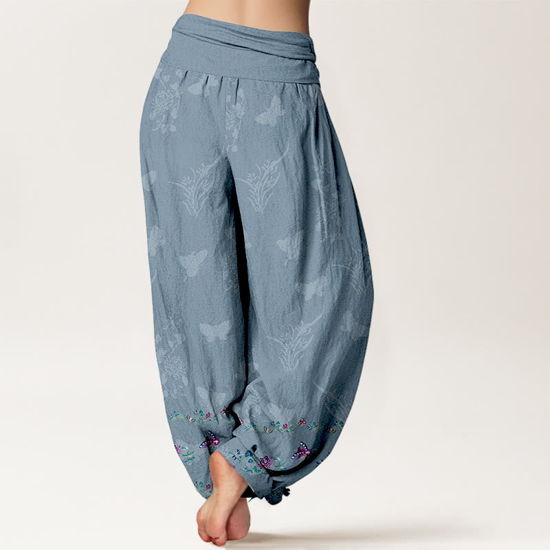 Buddha Stones Pure Cotton Trouser Legs Neatly Arranged Butterfly Grass Flower Pattern Women's Elastic Waist Harem Pants - image 6