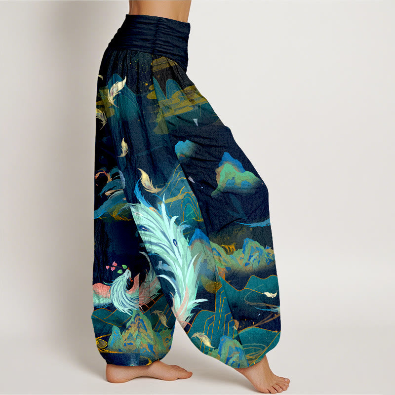 Buddha Stones Pure Cotton Gorgeous Phoenix Mountain Cloud Pattern Women's Elastic Waist Harem Pants - image 2