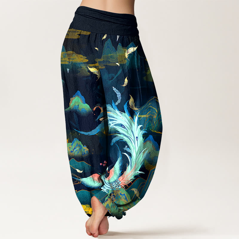 Buddha Stones Pure Cotton Gorgeous Phoenix Mountain Cloud Pattern Women's Elastic Waist Harem Pants - image 1