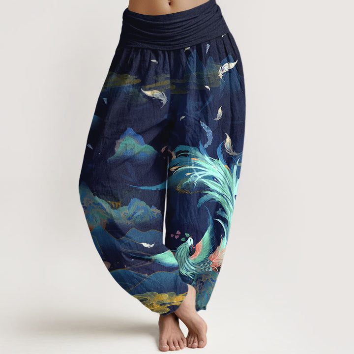 Buddha Stones Pure Cotton Gorgeous Phoenix Mountain Cloud Pattern Women's Elastic Waist Harem Pants - Navy - US16，UK/AU20，EU48 (3XL) - image 8