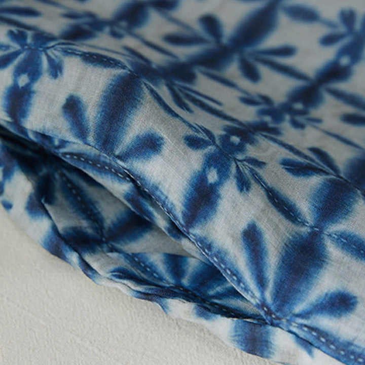 Buddha Stones Summer Blue Floral Stripes Circular Shape Stand Collar Design Short Sleeve Midi Dress With Pockets - image 3