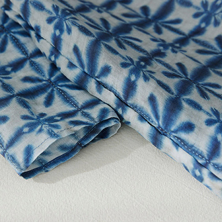 Buddha Stones Summer Blue Floral Stripes Circular Shape Stand Collar Design Short Sleeve Midi Dress With Pockets - image 4