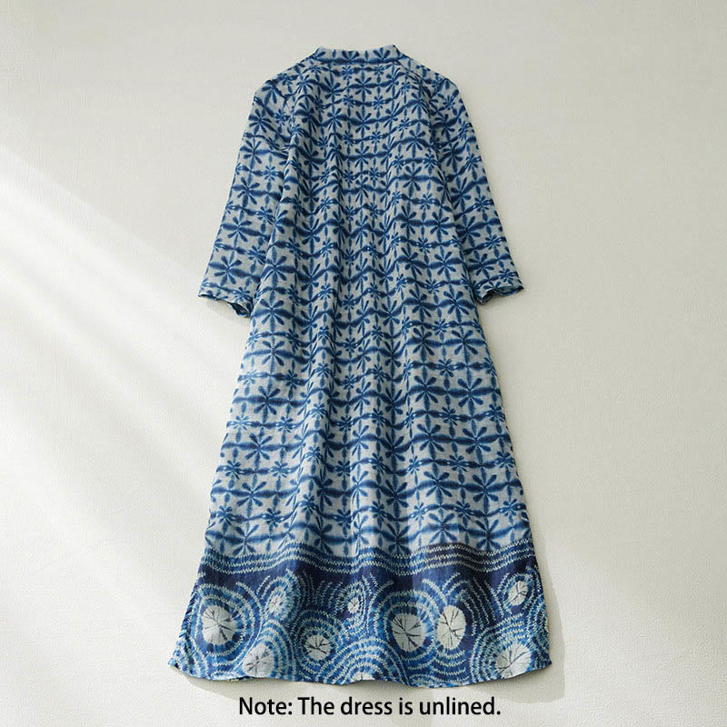 Buddha Stones Summer Blue Floral Stripes Circular Shape Stand Collar Design Short Sleeve Midi Dress With Pockets - image 1