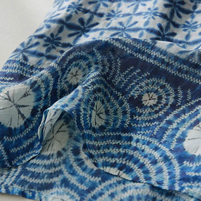 Buddha Stones Summer Blue Floral Stripes Circular Shape Stand Collar Design Short Sleeve Midi Dress With Pockets - image 6