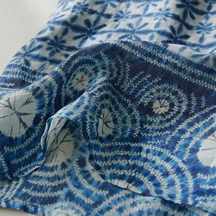 Buddha Stones Summer Blue Floral Stripes Circular Shape Stand Collar Design Short Sleeve Midi Dress With Pockets - image 6