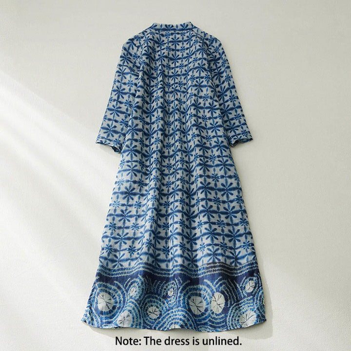 Buddha Stones Summer Blue Floral Stripes Circular Shape Stand Collar Design Short Sleeve Straight Midi Dress With Pockets - image 1