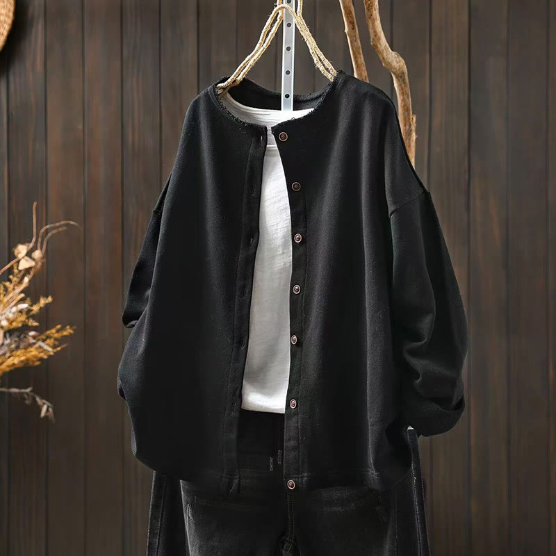 Buddha Stones Fall Solid Button Down Crew Neck Long Sleeve Women's Cotton Shirt - Black - US4-8/10，UK/AU8-12/14，EU36-40/42 (F) - image 11