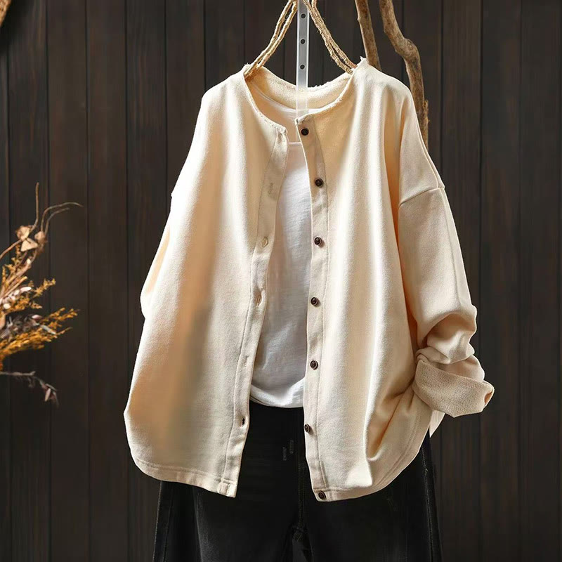 Buddha Stones Fall Solid Button Down Crew Neck Long Sleeve Women's Cotton Shirt - Beige - US4-8/10，UK/AU8-12/14，EU36-40/42 (F) - image 20