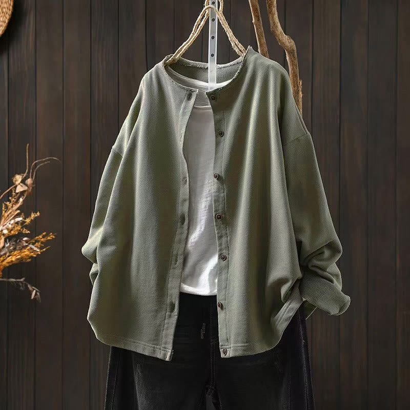 Buddha Stones Fall Solid Button Down Crew Neck Long Sleeve Women's Cotton Shirt - DarkSeaGreen - US4-8/10，UK/AU8-12/14，EU36-40/42 (F) - image 17