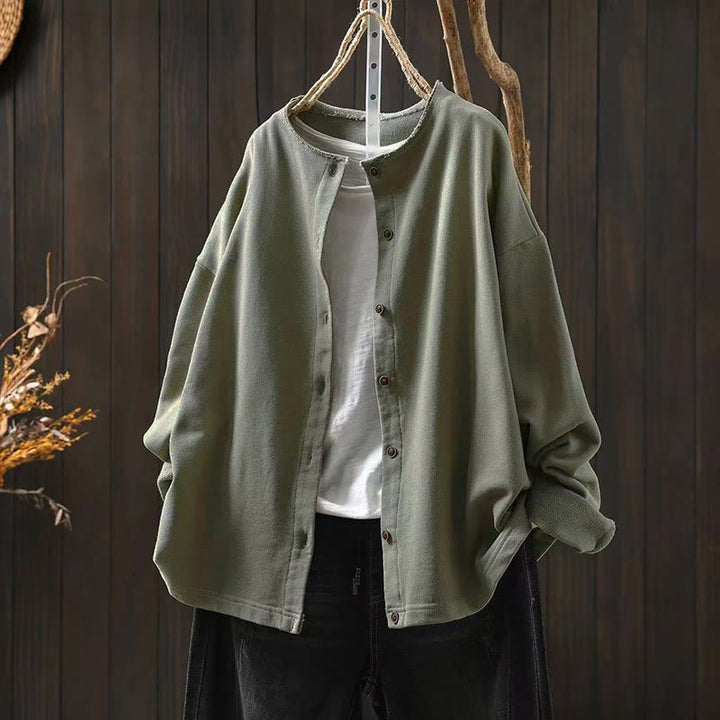 Buddha Stones Fall Solid Button Down Crew Neck Long Sleeve Women's Cotton Shirt - DarkSeaGreen - US4-8/10，UK/AU8-12/14，EU36-40/42 (F) - image 17