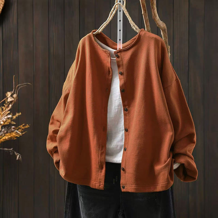 Buddha Stones Fall Solid Button Down Crew Neck Long Sleeve Women's Cotton Shirt - Orange - US4-8/10，UK/AU8-12/14，EU36-40/42 (F) - image 18