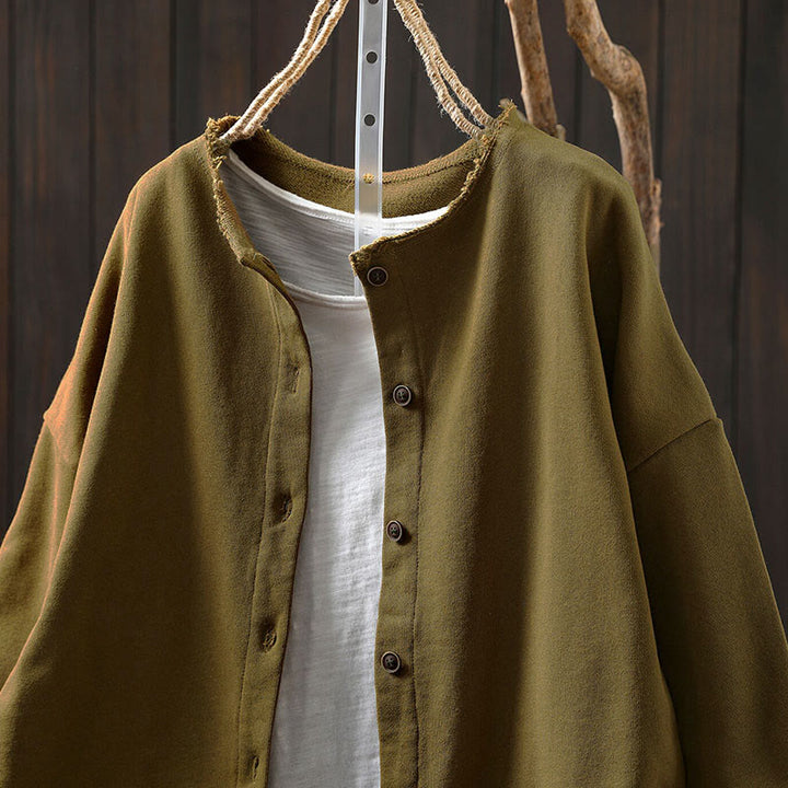 Buddha Stones Fall Solid Button Down Crew Neck Long Sleeve Women's Cotton Shirt - image 5