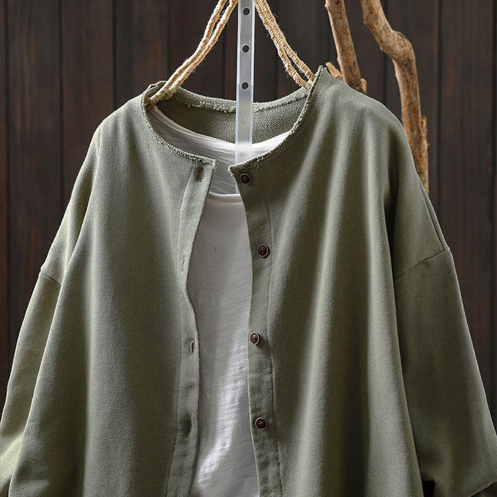 Buddha Stones Fall Solid Button Down Crew Neck Long Sleeve Women's Cotton Shirt - image 23