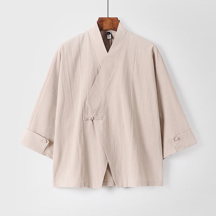 Buddha Stones Plain One Chinese Frog-Button Jacket Cotton Linen Men's Half Sleeve Kimono - Beige - US/UK/AU54，EU64 (9XL) - image 11