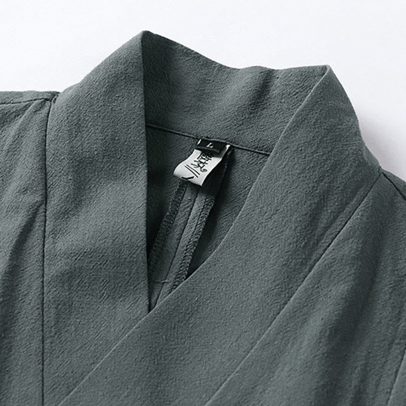 Buddha Stones Plain One Chinese Frog-Button Jacket Cotton Linen Men's Half Sleeve Kimono - image 3