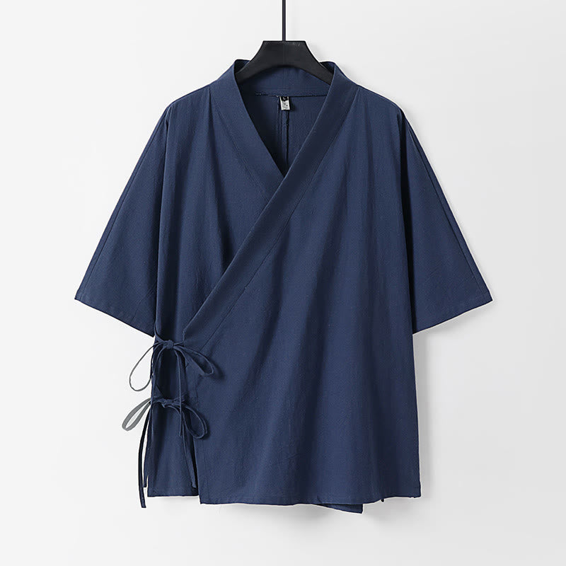 Buddha Stones Plain Lace-up Cotton Linen Men's Three Quarter Sleeve Kimono - SteelBlue - US/UK/AU54，EU64 (9XL) - image 10