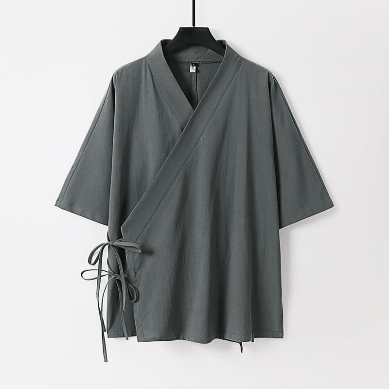 Buddha Stones Plain Lace-up Cotton Linen Men's Three Quarter Sleeve Kimono - Gray - US/UK/AU54，EU64 (9XL) - image 0