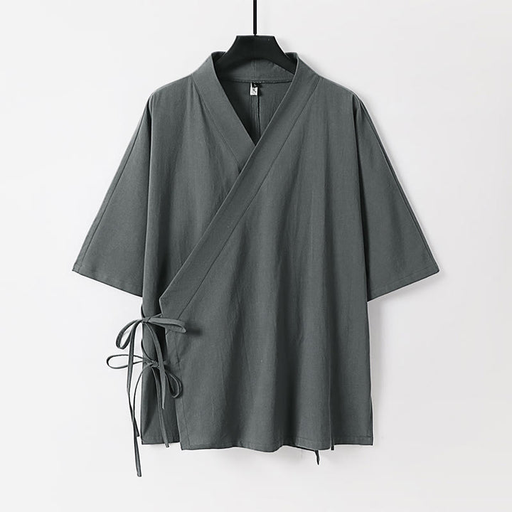 Buddha Stones Plain Lace-up Cotton Linen Men's Three Quarter Sleeve Kimono - Gray - US/UK/AU54，EU64 (9XL) - image 0