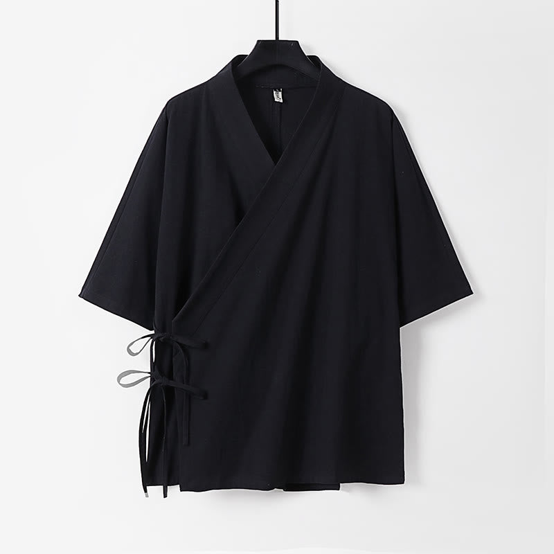 Buddha Stones Plain Lace-up Cotton Linen Men's Three Quarter Sleeve Kimono - Black - US/UK/AU54，EU64 (9XL) - image 9