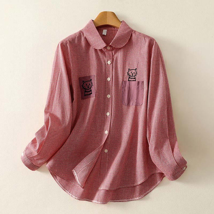 Buddha Stones Fall Cat Kitten Embroidery Plaid Stand Collar Buttons Down Design Women's Long Sleeve Shirt - LightCoral - US8-10，UK/AU12-14，EU40-42 (2XL) - image 5