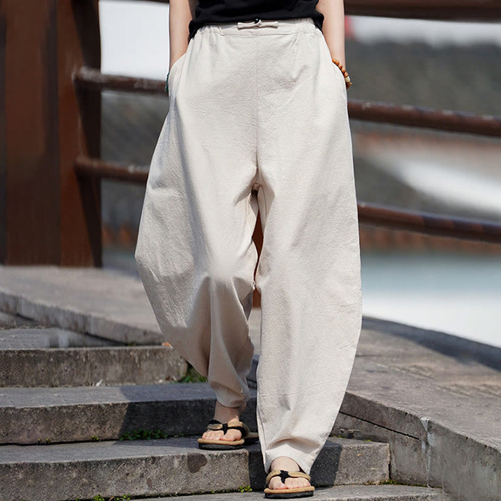 Buddha Stones Summer Plain One Chinese Frog-Button Straight Leg Design Men's Cotton Linen Pants With Pockets - image 2