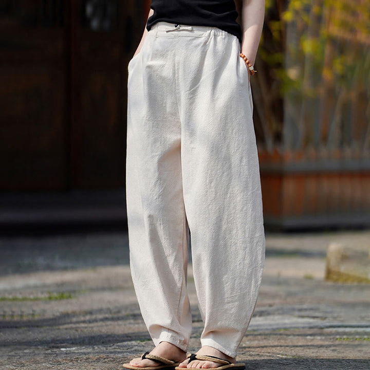 Buddha Stones Summer Plain One Chinese Frog-Button Straight Leg Design Men's Cotton Linen Pants With Pockets - image 6