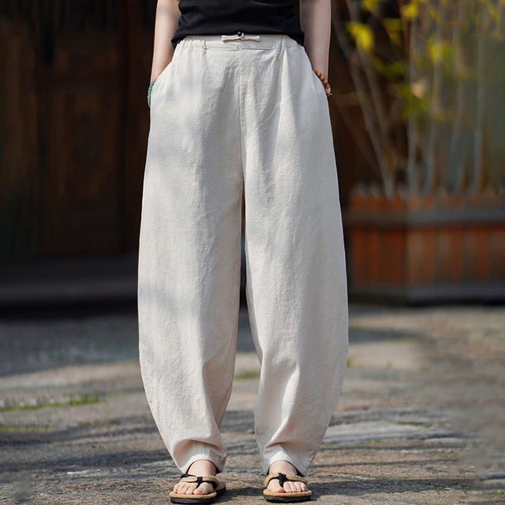 Buddha Stones Summer Plain One Chinese Frog-Button Straight Leg Design Men's Cotton Linen Pants With Pockets - image 1