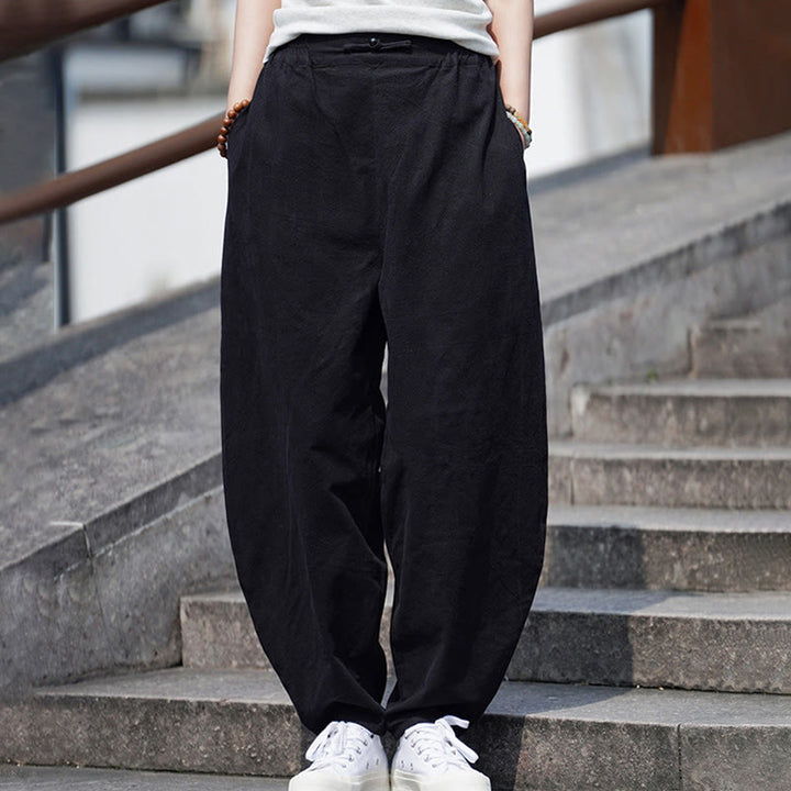 Buddha Stones Summer Plain One Chinese Frog-Button Straight Leg Design Men's Cotton Linen Pants With Pockets - image 25