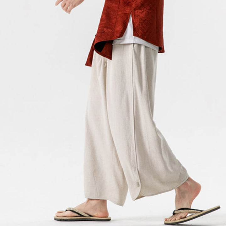 Buddha Stones Summer Plain Drawstring Design Linen Cotton Men's 7-8 Length Pants With Pockets - image 3