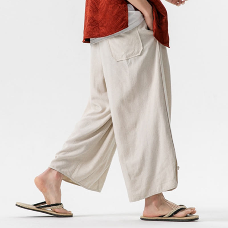 Buddha Stones Summer Plain Drawstring Design Linen Cotton Men's 7-8 Length Pants With Pockets - image 6