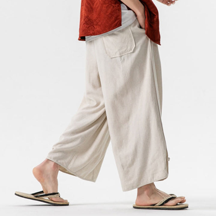 Buddha Stones Summer Plain Drawstring Design Linen Cotton Men's 7-8 Length Pants With Pockets - image 6