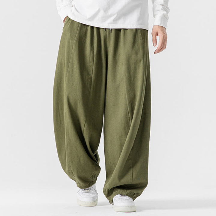Buddha Stones Fall Solid Color Cotton Elastic Waist Men's Harem Pants With Pockets - OliveDrab - US/UK/AU46，EU56 (5XL) - image 0