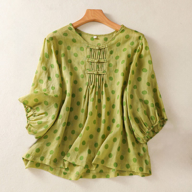 Buddha Stones Fall Round Neck Polka Dots Long Sleeve Women's Polyester Shirt  - YellowGreen - US12，UK/AU16，EU44 (2XL) - image 7