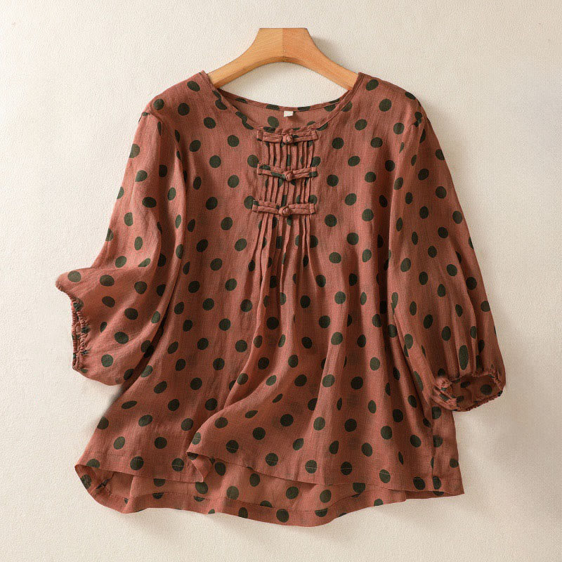Buddha Stones Fall Round Neck Polka Dots Long Sleeve Women's Polyester Shirt  - FireBrick - US12，UK/AU16，EU44 (2XL) - image 0
