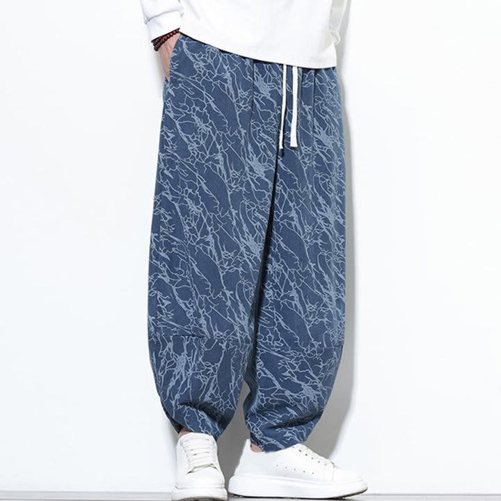 Buddha Stones Fall Textured Lines Print Cotton Elastic Waist Ankle-Length Men's Harem Pants With Pockets - image 2