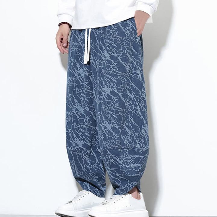 Buddha Stones Fall Textured Lines Print Cotton Elastic Waist Ankle-Length Men's Harem Pants With Pockets - image 4