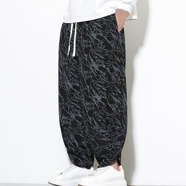 Buddha Stones Fall Textured Lines Print Cotton Elastic Waist Ankle-Length Men's Harem Pants With Pockets - image 12