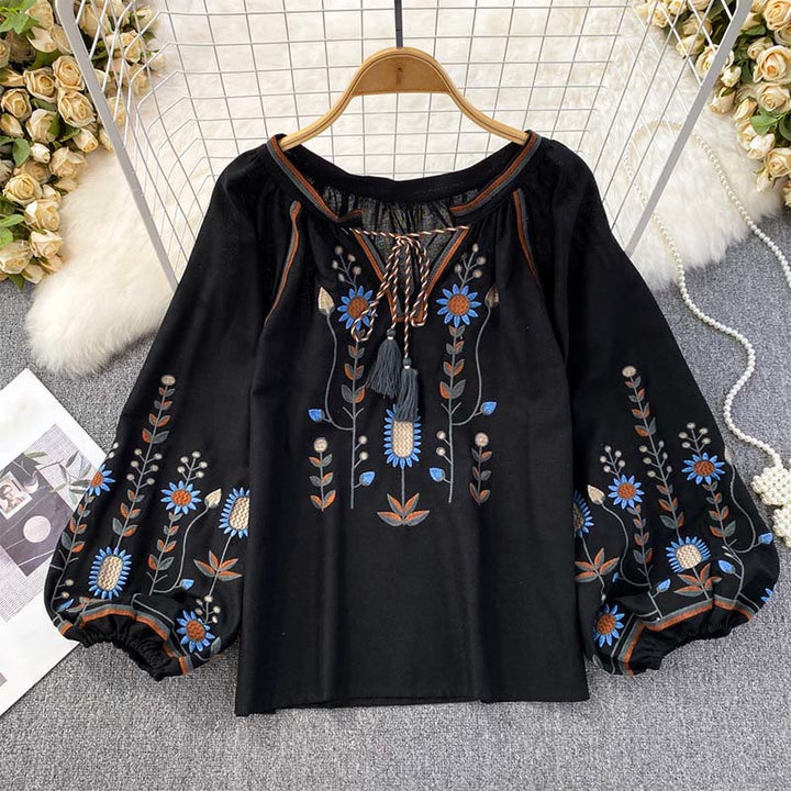 Buddha Stones Casual Embroidery Flower Leaf Pattern Women's Cotton Linen Round Neck T-shirt  - Black - US4-6，UK/AU8-10，EU36-38 (F) - image 15