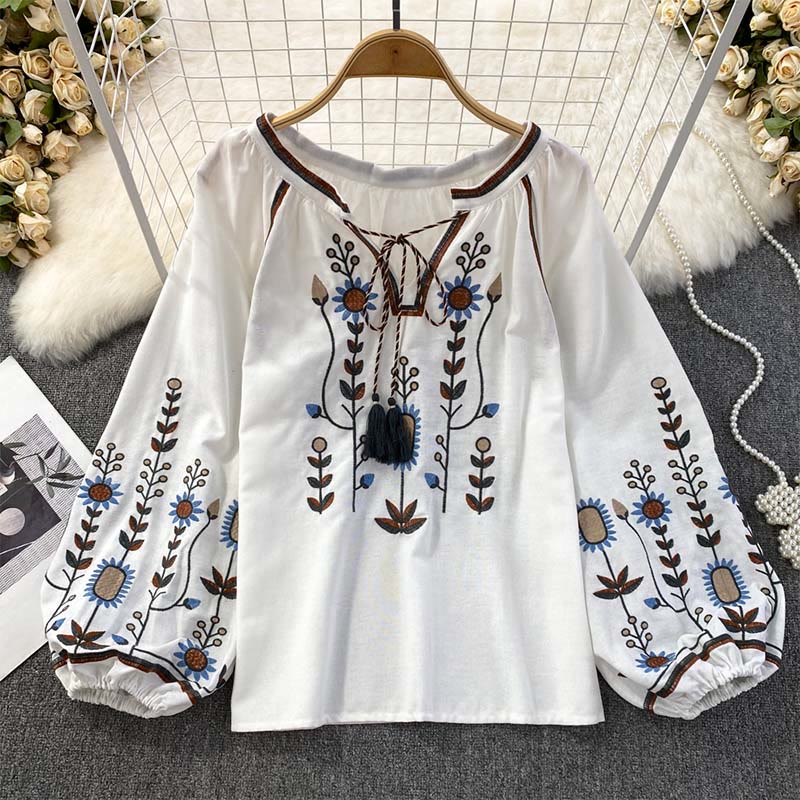 Buddha Stones Casual Embroidery Flower Leaf Pattern Women's Cotton Linen Round Neck T-shirt  - White - US4-6，UK/AU8-10，EU36-38 (F) - image 11