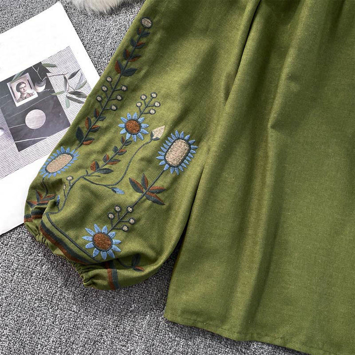 Buddha Stones Casual Embroidery Flower Leaf Pattern Women's Cotton Linen Round Neck T-shirt  - image 8