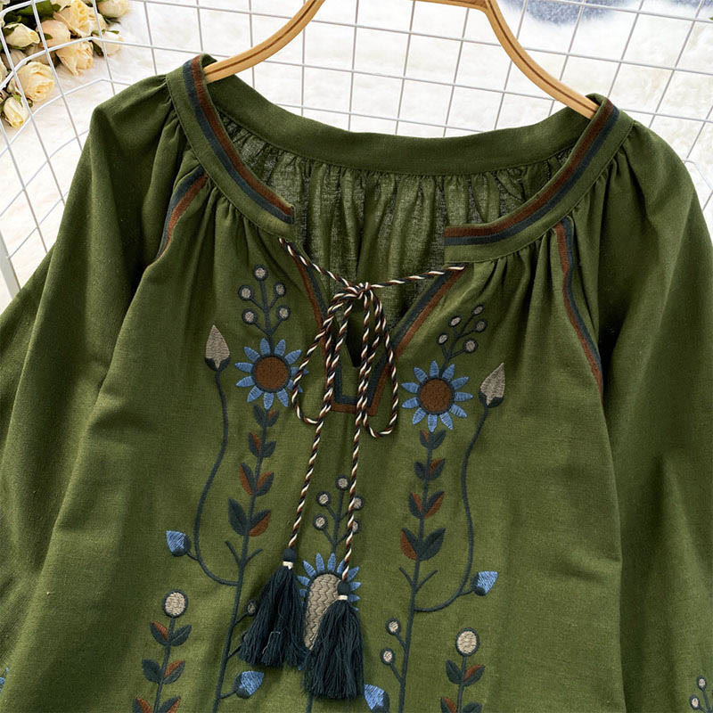 Buddha Stones Casual Embroidery Flower Leaf Pattern Women's Cotton Linen Round Neck T-shirt  - image 2