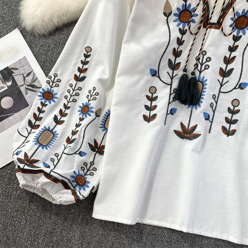 Buddha Stones Casual Embroidery Flower Leaf Pattern Women's Cotton Linen Round Neck T-shirt  - image 13