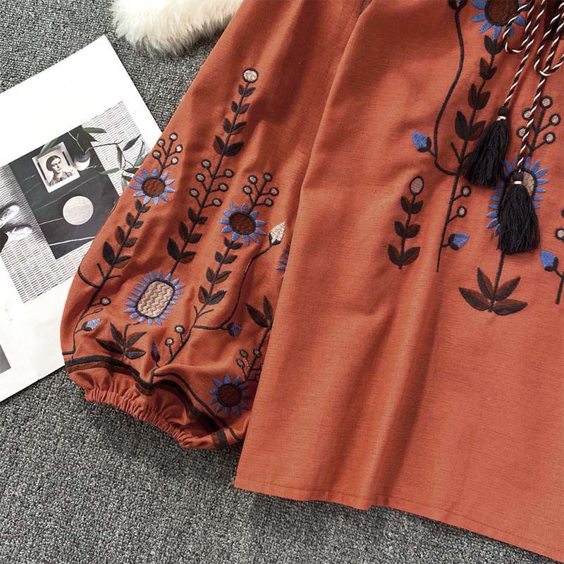 Buddha Stones Casual Embroidery Flower Leaf Pattern Women's Cotton Linen Round Neck T-shirt  - image 20